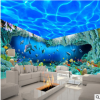 3D海底世界墙纸3d立体壁画海豚海洋儿童房背景墙卡通壁纸无缝墙布