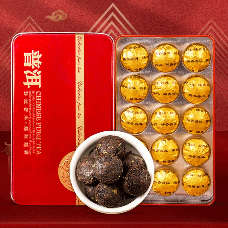 云南普洱糯米香茶叶迷你小金沱普洱熟茶铁盒装15颗图1