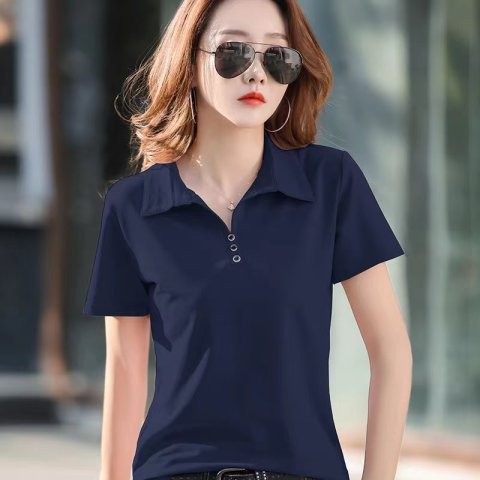 大码短袖T恤Polo领2022年夏季韩版新款纯色百搭上衣女修身显瘦t恤