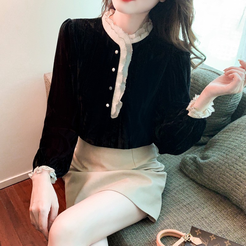 时尚蕾丝打底衫女装春秋冬装春季金丝绒上衣洋气小衫潮图4