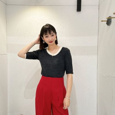 ED羊毛衫女2024春新款撞色假两件叠穿修身针织T恤女 EBD1TEE019